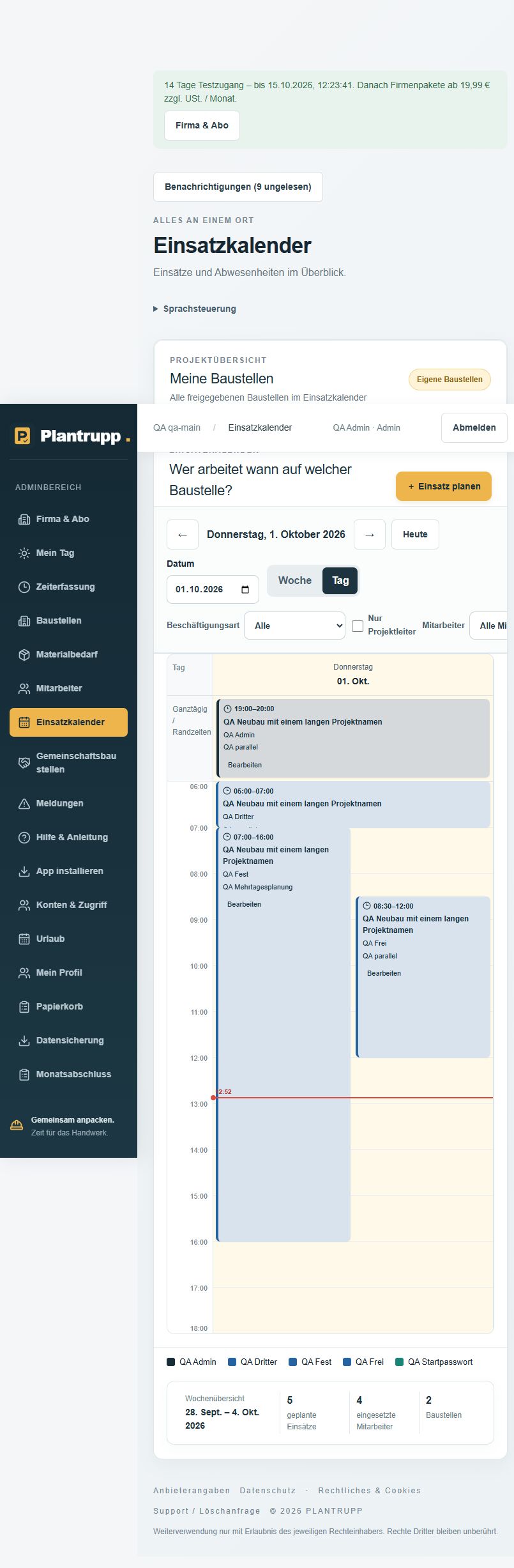 Plantrupp Einsatzkalender mit Mitarbeitern und Baustellen