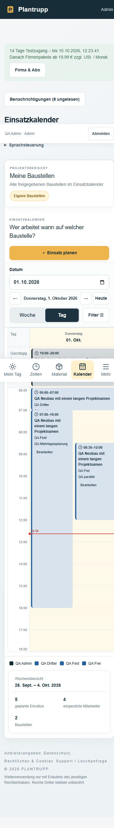 Plantrupp mobile Web-App mit Kalender und Baustelleneinsatz